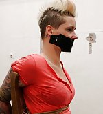 Angela chair-tied, tape-gagged, tit-grabbed